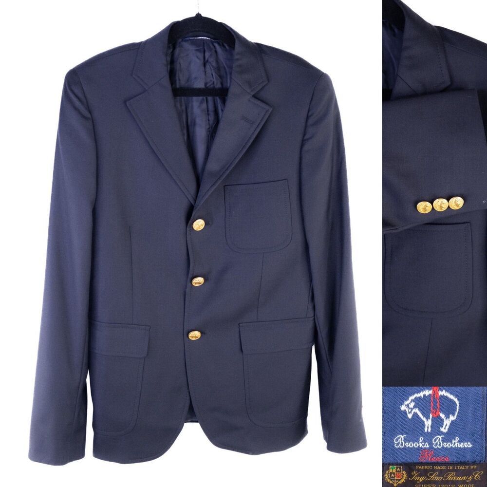 Brooks Brothers Fleece Loro Piana Super 120's Wool Navy Blue Gold Button Sz 14
